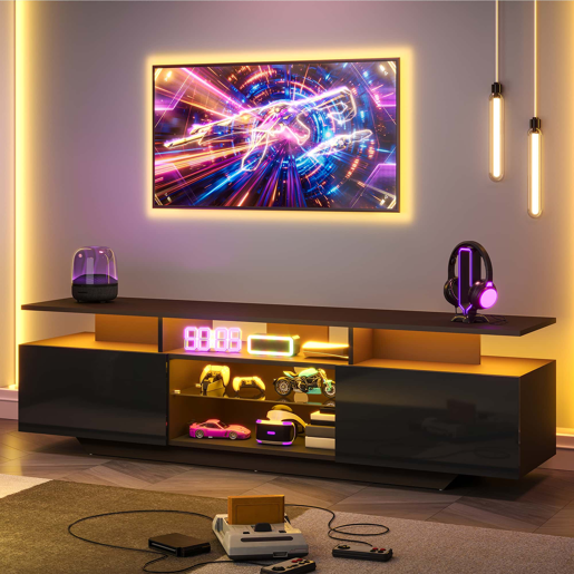 Móvel de TV 160x40x45 cm - com 2 armários, acabamento de alto brilho, faixa de LED, 8 prateleiras, moderno, MDF, para TV de 70 polegadas - preto Móvel de TV 160x40x45 cm - com 2 armários, acabamento de alto brilho, faixa de LED, 8 prateleiras, moderno, MDF, para TV de 70 polegadas - preto