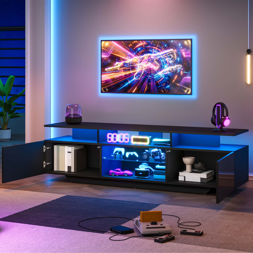 Móvel de TV 160x40x45 cm - com 2 armários, acabamento de alto brilho, faixa de LED, 8 prateleiras, moderno, MDF, para TV de 70 polegadas - preto Móvel de TV 160x40x45 cm - com 2 armários, acabamento de alto brilho, faixa de LED, 8 prateleiras, moderno, MDF, para TV de 70 polegadas - preto