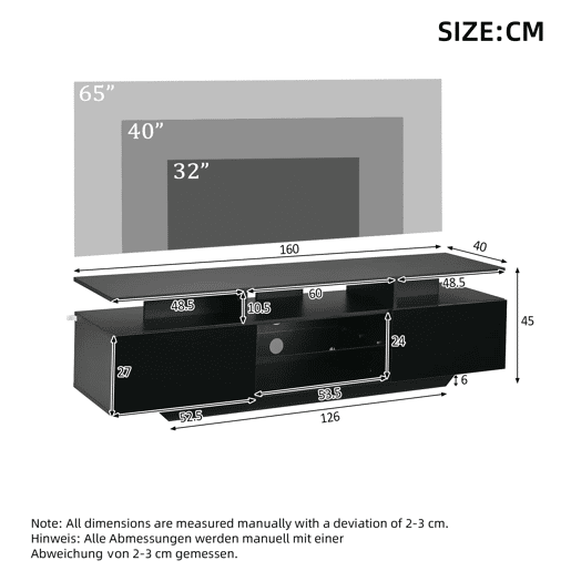 Móvel de TV 160x40x45 cm - com 2 armários, acabamento de alto brilho, faixa de LED, 8 prateleiras, moderno, MDF, para TV de 70 polegadas - preto Móvel de TV 160x40x45 cm - com 2 armários, acabamento de alto brilho, faixa de LED, 8 prateleiras, moderno, MDF, para TV de 70 polegadas - preto