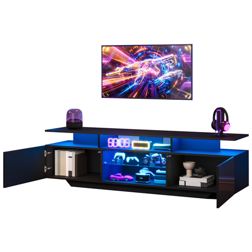 Móvel de TV 160x40x45 cm - com 2 armários, acabamento de alto brilho, faixa de LED, 8 prateleiras, moderno, MDF, para TV de 70 polegadas - preto Móvel de TV 160x40x45 cm - com 2 armários, acabamento de alto brilho, faixa de LED, 8 prateleiras, moderno, MDF, para TV de 70 polegadas - preto