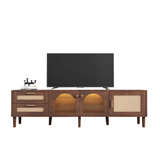 Suporte de TV de 180 cm com iluminação LED - 2 gavetas em rotim e 3 portas - Castanho Suporte de TV de 180 cm com iluminação LED - 2 gavetas em rotim e 3 portas - Castanho