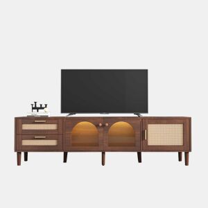 Suporte de TV de 180 cm com iluminação LED - 2 gavetas em rotim e 3 portas - Castanho