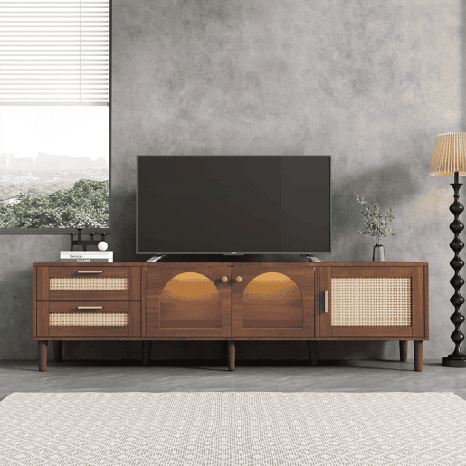 Suporte de TV de 180 cm com iluminação LED - 2 gavetas em rotim e 3 portas - Castanho Suporte de TV de 180 cm com iluminação LED - 2 gavetas em rotim e 3 portas - Castanho