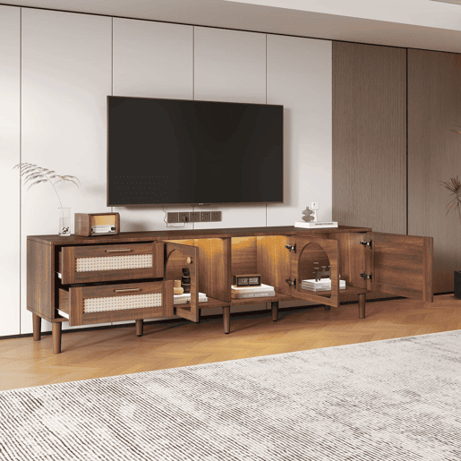 Suporte de TV de 180 cm com iluminação LED - 2 gavetas em rotim e 3 portas - Castanho Suporte de TV de 180 cm com iluminação LED - 2 gavetas em rotim e 3 portas - Castanho