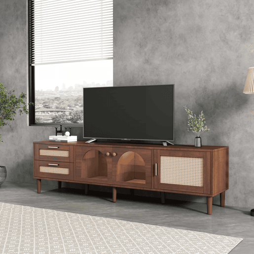 Suporte de TV de 180 cm com iluminação LED - 2 gavetas em rotim e 3 portas - Castanho Suporte de TV de 180 cm com iluminação LED - 2 gavetas em rotim e 3 portas - Castanho