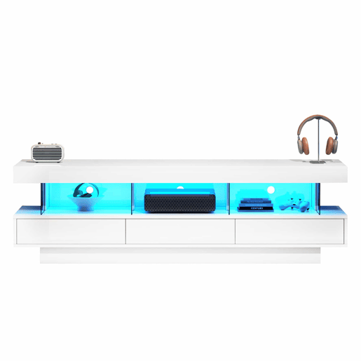 Móvel para TV 160x38x50,5 cm - Com 3 prateleiras de vidro, iluminação LED, controlo por aplicação, ligação Bluetooth, para TV de 70 polegadas - Branco Móvel para TV 160x38x50,5 cm - Com 3 prateleiras de vidro, iluminação LED, controlo por aplicação, ligação Bluetooth, para TV de 70 polegadas - Branco