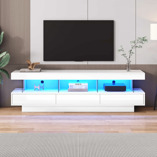 Móvel para TV 160x38x50,5 cm - Com 3 prateleiras de vidro, iluminação LED, controlo por aplicação, ligação Bluetooth, para TV de 70 polegadas - Branco Móvel para TV 160x38x50,5 cm - Com 3 prateleiras de vidro, iluminação LED, controlo por aplicação, ligação Bluetooth, para TV de 70 polegadas - Branco
