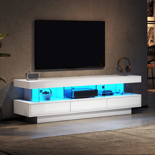 Móvel para TV 160x38x50,5 cm - Com 3 prateleiras de vidro, iluminação LED, controlo por aplicação, ligação Bluetooth, para TV de 70 polegadas - Branco Móvel para TV 160x38x50,5 cm - Com 3 prateleiras de vidro, iluminação LED, controlo por aplicação, ligação Bluetooth, para TV de 70 polegadas - Branco