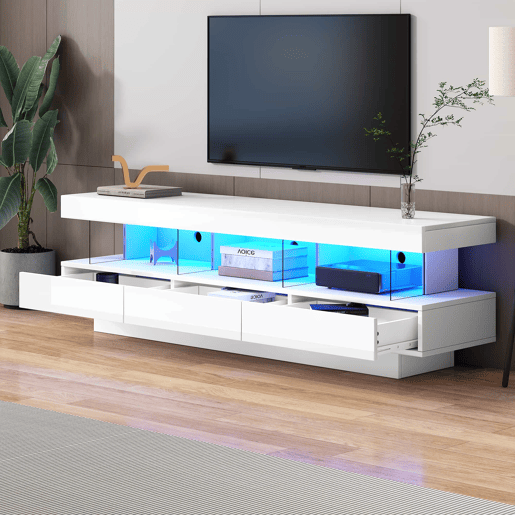 Móvel para TV 160x38x50,5 cm - Com 3 prateleiras de vidro, iluminação LED, controlo por aplicação, ligação Bluetooth, para TV de 70 polegadas - Branco Móvel para TV 160x38x50,5 cm - Com 3 prateleiras de vidro, iluminação LED, controlo por aplicação, ligação Bluetooth, para TV de 70 polegadas - Branco
