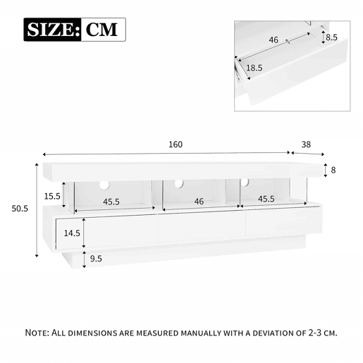 Móvel para TV 160x38x50,5 cm - Com 3 prateleiras de vidro, iluminação LED, controlo por aplicação, ligação Bluetooth, para TV de 70 polegadas - Branco Móvel para TV 160x38x50,5 cm - Com 3 prateleiras de vidro, iluminação LED, controlo por aplicação, ligação Bluetooth, para TV de 70 polegadas - Branco
