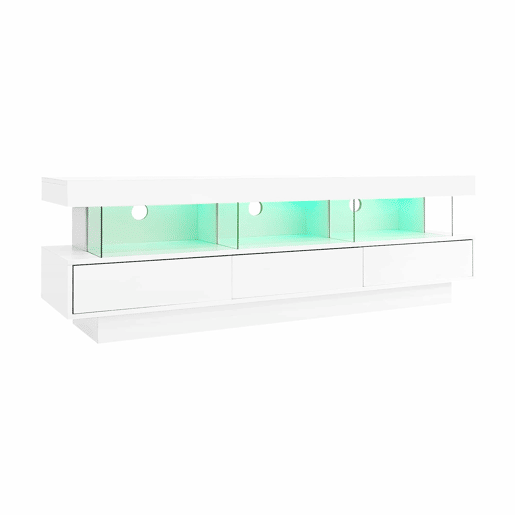 Móvel para TV 160x38x50,5 cm - Com 3 prateleiras de vidro, iluminação LED, controlo por aplicação, ligação Bluetooth, para TV de 70 polegadas - Branco Móvel para TV 160x38x50,5 cm - Com 3 prateleiras de vidro, iluminação LED, controlo por aplicação, ligação Bluetooth, para TV de 70 polegadas - Branco