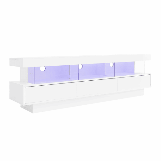 Móvel para TV 160x38x50,5 cm - Com 3 prateleiras de vidro, iluminação LED, controlo por aplicação, ligação Bluetooth, para TV de 70 polegadas - Branco Móvel para TV 160x38x50,5 cm - Com 3 prateleiras de vidro, iluminação LED, controlo por aplicação, ligação Bluetooth, para TV de 70 polegadas - Branco