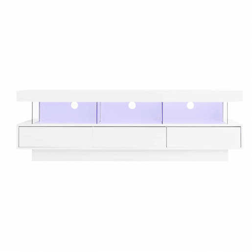 Móvel para TV 160x38x50,5 cm - Com 3 prateleiras de vidro, iluminação LED, controlo por aplicação, ligação Bluetooth, para TV de 70 polegadas - Branco Móvel para TV 160x38x50,5 cm - Com 3 prateleiras de vidro, iluminação LED, controlo por aplicação, ligação Bluetooth, para TV de 70 polegadas - Branco