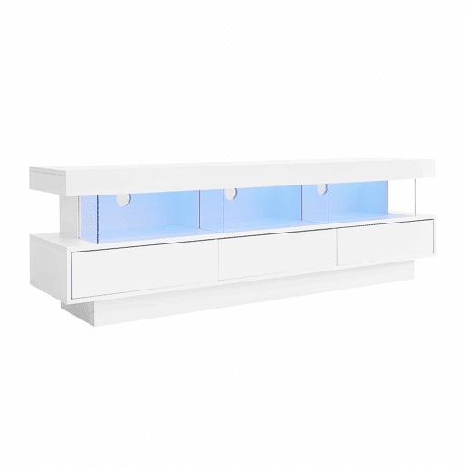 Móvel para TV 160x38x50,5 cm - Com 3 prateleiras de vidro, iluminação LED, controlo por aplicação, ligação Bluetooth, para TV de 70 polegadas - Branco Móvel para TV 160x38x50,5 cm - Com 3 prateleiras de vidro, iluminação LED, controlo por aplicação, ligação Bluetooth, para TV de 70 polegadas - Branco