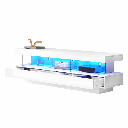 Móvel para TV 160x38x50,5 cm - Com 3 prateleiras de vidro, iluminação LED, controlo por aplicação, ligação Bluetooth, para TV de 70 polegadas - Branco Móvel para TV 160x38x50,5 cm - Com 3 prateleiras de vidro, iluminação LED, controlo por aplicação, ligação Bluetooth, para TV de 70 polegadas - Branco
