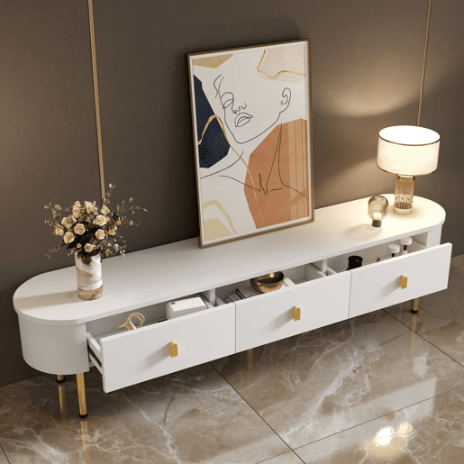 Móvel TV moderno - 3 gavetas com pegas e pernas douradas - Branco