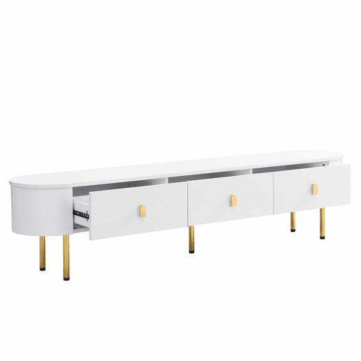 Móvel TV moderno - 3 gavetas com pegas e pernas douradas - Branco
