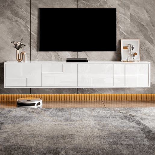 Móvel de TV 170 cm - moderno, suspenso ou de pé, sem puxadores, 3 portas e 2 gavetas - branco brilhante
