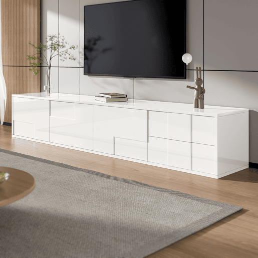 Móvel de TV 170 cm - moderno, suspenso ou de pé, sem puxadores, 3 portas e 2 gavetas - branco brilhante