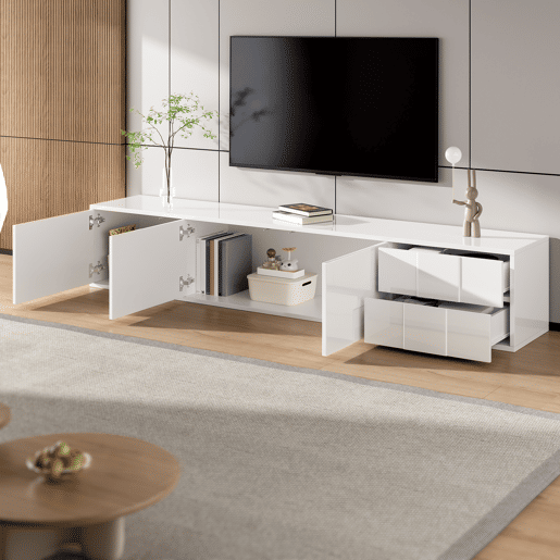 Móvel de TV 170 cm - moderno, suspenso ou de pé, sem puxadores, 3 portas e 2 gavetas - branco brilhante