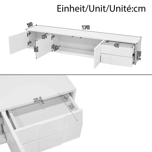 Móvel de TV 170 cm - moderno, suspenso ou de pé, sem puxadores, 3 portas e 2 gavetas - branco brilhante
