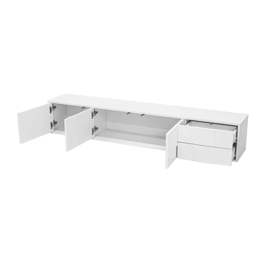 Móvel de TV 170 cm - moderno, suspenso ou de pé, sem puxadores, 3 portas e 2 gavetas - branco brilhante