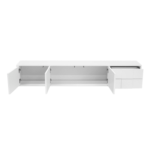 Móvel de TV 170 cm - moderno, suspenso ou de pé, sem puxadores, 3 portas e 2 gavetas - branco brilhante