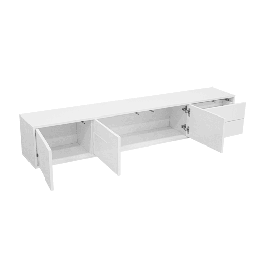Móvel de TV 170 cm - moderno, suspenso ou de pé, sem puxadores, 3 portas e 2 gavetas - branco brilhante