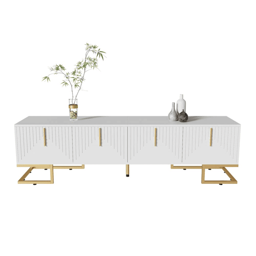Móvel de TV Lowboard 160 cm - Porta estruturada, puxadores e pés dourados - Branco Móvel de TV Lowboard 160 cm - Porta estruturada, puxadores e pés dourados - Branco