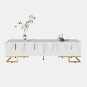 Móvel de TV Lowboard 160 cm - Porta estruturada, puxadores e pés dourados - Branco