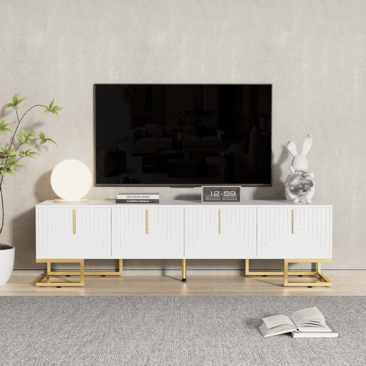 Móvel de TV Lowboard 160 cm - Porta estruturada, puxadores e pés dourados - Branco Móvel de TV Lowboard 160 cm - Porta estruturada, puxadores e pés dourados - Branco