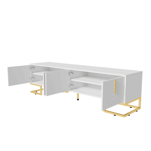 Móvel de TV Lowboard 160 cm - Porta estruturada, puxadores e pés dourados - Branco Móvel de TV Lowboard 160 cm - Porta estruturada, puxadores e pés dourados - Branco