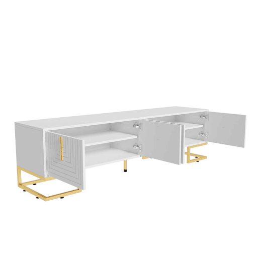 Móvel de TV Lowboard 160 cm - Porta estruturada, puxadores e pés dourados - Branco Móvel de TV Lowboard 160 cm - Porta estruturada, puxadores e pés dourados - Branco