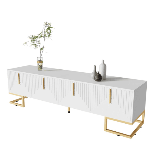 Móvel de TV Lowboard 160 cm - Porta estruturada, puxadores e pés dourados - Branco Móvel de TV Lowboard 160 cm - Porta estruturada, puxadores e pés dourados - Branco