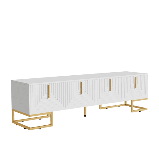Móvel de TV Lowboard 160 cm - Porta estruturada, puxadores e pés dourados - Branco Móvel de TV Lowboard 160 cm - Porta estruturada, puxadores e pés dourados - Branco