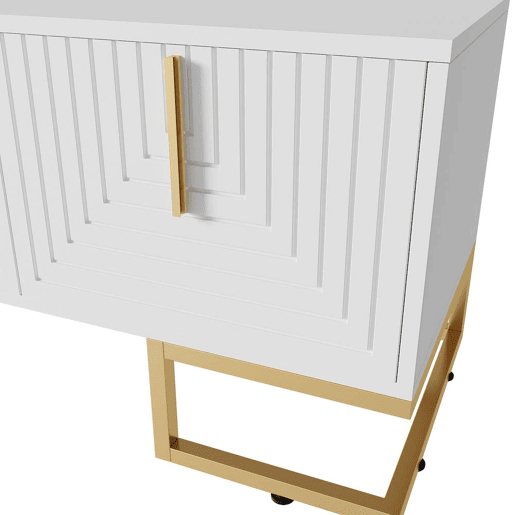 Móvel de TV Lowboard 160 cm - Porta estruturada, puxadores e pés dourados - Branco Móvel de TV Lowboard 160 cm - Porta estruturada, puxadores e pés dourados - Branco