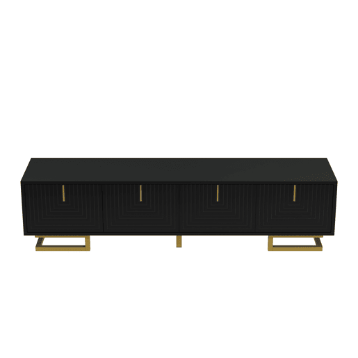 Móvel de TV Lowboard - Portas estruturadas, puxadores e pés dourados - Preto