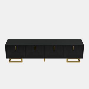 Móvel de TV Lowboard - Portas estruturadas, puxadores e pés dourados - Preto