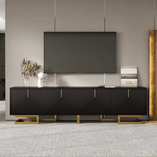 Móvel de TV Lowboard - Portas estruturadas, puxadores e pés dourados - Preto