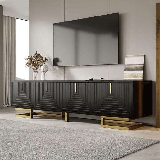 Móvel de TV Lowboard - Portas estruturadas, puxadores e pés dourados - Preto