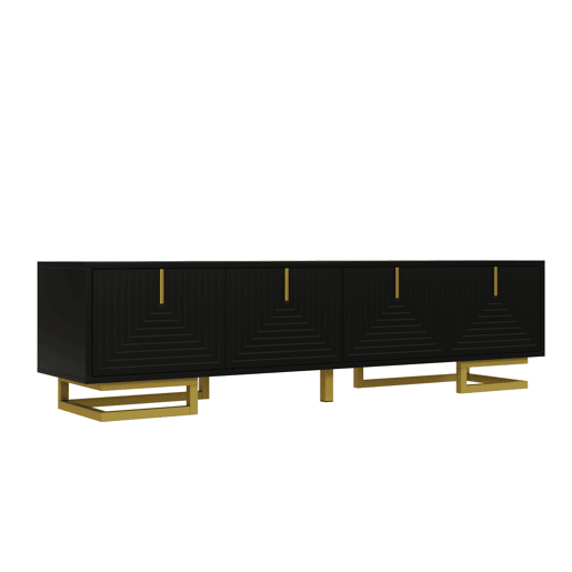 Móvel de TV Lowboard - Portas estruturadas, puxadores e pés dourados - Preto
