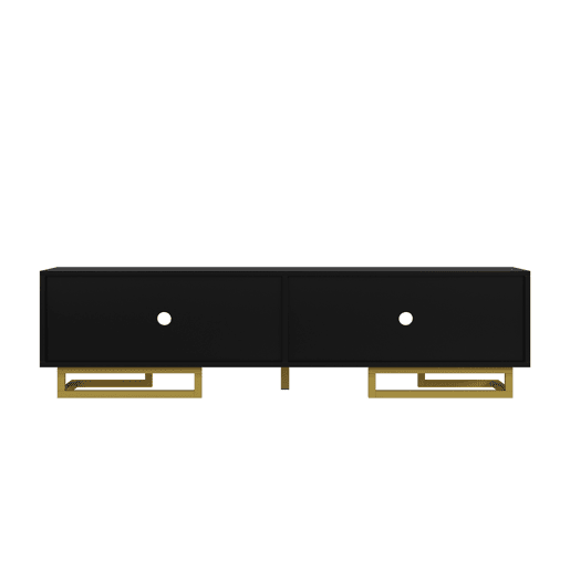 Móvel de TV Lowboard - Portas estruturadas, puxadores e pés dourados - Preto