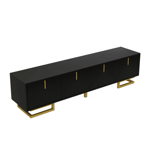 Móvel de TV Lowboard - Portas estruturadas, puxadores e pés dourados - Preto