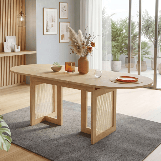 Mesa de jantar extensÃvel 150200 x 90 cm u2014 cantos arredondados, tampo espesso, estilo simples, pernas de rattan u2014 cor de carvalho Mesa de jantar extensÃvel 150200 x 90 cm u2014 cantos arredondados, tampo espesso, estilo simples, pernas de rattan u2014 cor de carvalho
