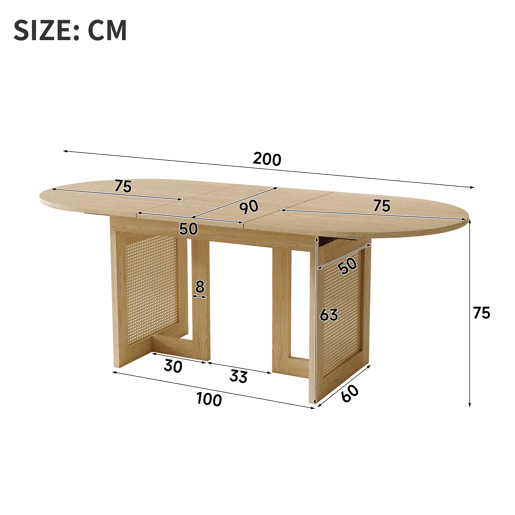 Mesa de jantar extensÃvel 150200 x 90 cm u2014 cantos arredondados, tampo espesso, estilo simples, pernas de rattan u2014 cor de carvalho Mesa de jantar extensÃvel 150200 x 90 cm u2014 cantos arredondados, tampo espesso, estilo simples, pernas de rattan u2014 cor de carvalho