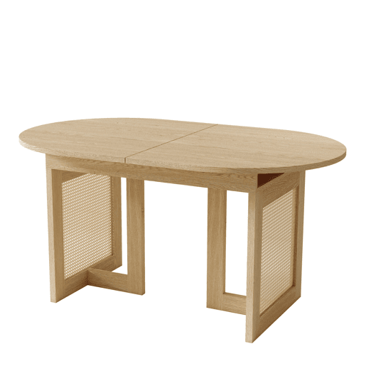 Mesa de jantar extensÃvel 150200 x 90 cm u2014 cantos arredondados, tampo espesso, estilo simples, pernas de rattan u2014 cor de carvalho Mesa de jantar extensÃvel 150200 x 90 cm u2014 cantos arredondados, tampo espesso, estilo simples, pernas de rattan u2014 cor de carvalho