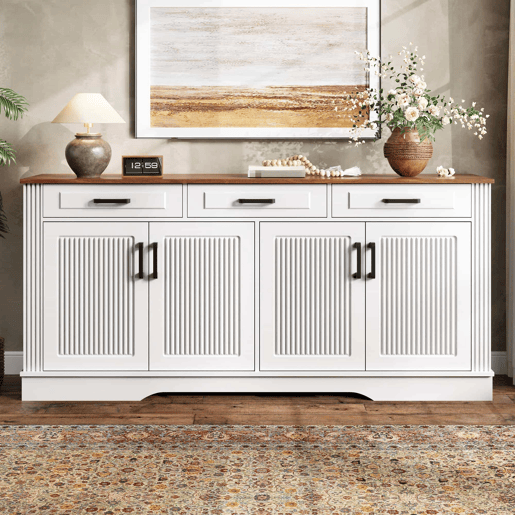 Aparador de sala de estar de 160 cm - 3 gavetas e 4 portas com padrĂ£o de riscas verticais em 3D - branco Aparador de sala de estar de 160 cm - 3 gavetas e 4 portas com padrĂ£o de riscas verticais em 3D - branco