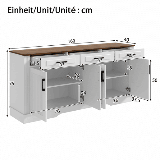 Aparador de sala de estar de 160 cm - 3 gavetas e 4 portas com padrĂ£o de riscas verticais em 3D - branco Aparador de sala de estar de 160 cm - 3 gavetas e 4 portas com padrĂ£o de riscas verticais em 3D - branco