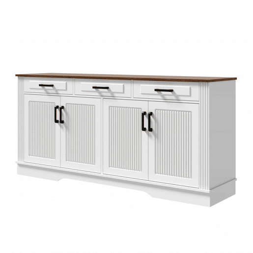 Aparador de sala de estar de 160 cm - 3 gavetas e 4 portas com padrĂ£o de riscas verticais em 3D - branco Aparador de sala de estar de 160 cm - 3 gavetas e 4 portas com padrĂ£o de riscas verticais em 3D - branco