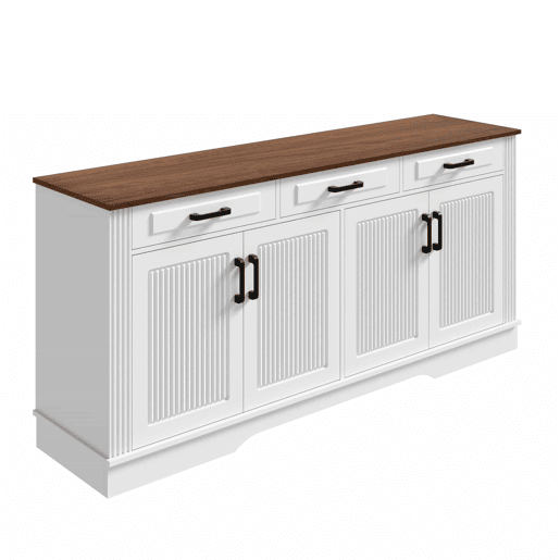 Aparador de sala de estar de 160 cm - 3 gavetas e 4 portas com padrĂ£o de riscas verticais em 3D - branco Aparador de sala de estar de 160 cm - 3 gavetas e 4 portas com padrĂ£o de riscas verticais em 3D - branco